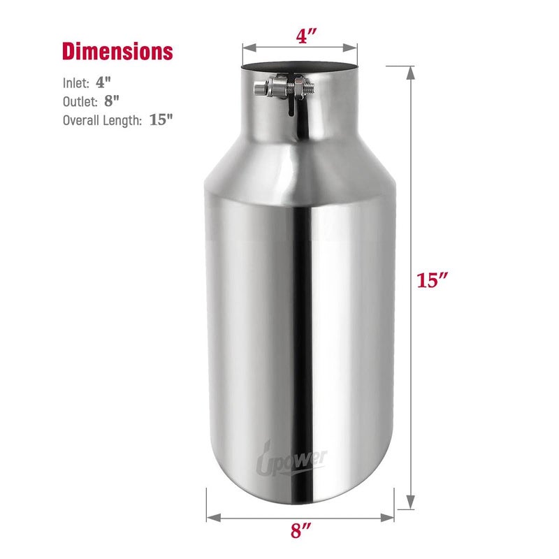Upower 4 inch Inlet 8 inch Outlet Exhaust Tip Stainless Steel 4" to 8" Tail Pipe Tips 15" Long Bolt-On 45 Degree Angle Cut Universal for Car Truck - Image 4